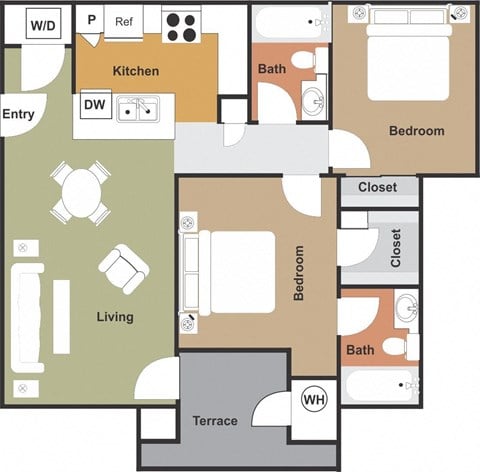 Floor plan for 2 beds, 2 baths, 980 sqft